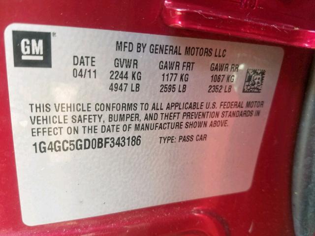 1G4GC5GD0BF343186 - 2011 BUICK LACROSSE C RED photo 10