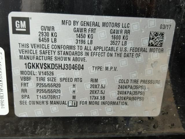 1GKKVSKD5HJ304604 - 2017 GMC ACADIA LIM BLACK photo 10