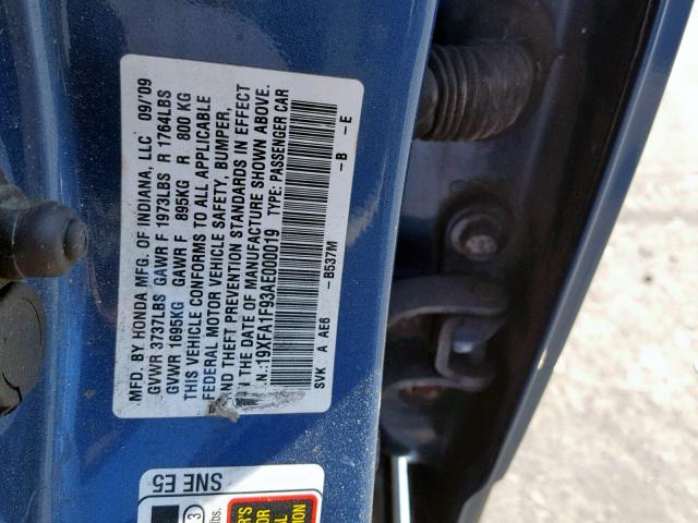 19XFA1F93AE000019 - 2010 HONDA CIVIC EXL 蓝色 照片 10