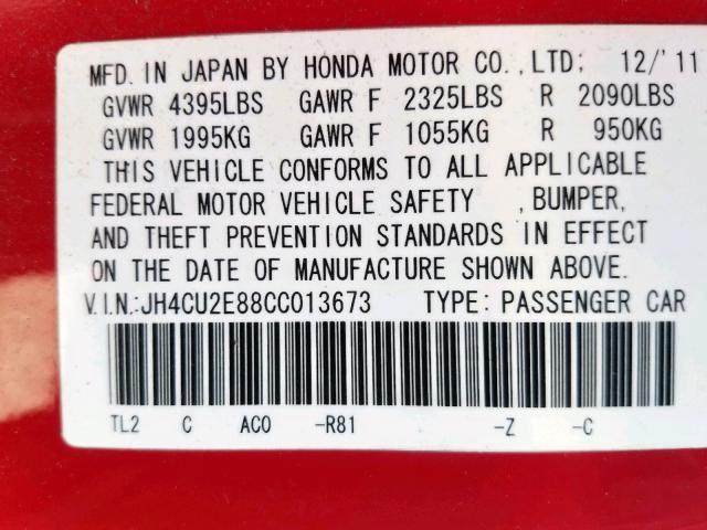 JH4CU2E88CC013673 - 2012 ACURA TSX SE RED photo 10