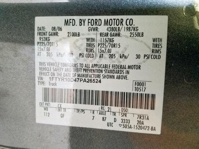 1FTYR10D47PA26524 - 2007 FORD RANGER GRAY photo 10