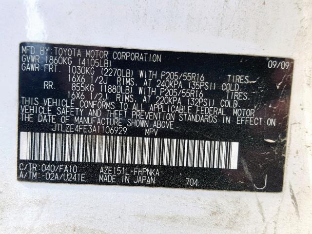 JTLZE4FE3A1106929 - 2010 TOYOTA SCION XB 白色 照片 10