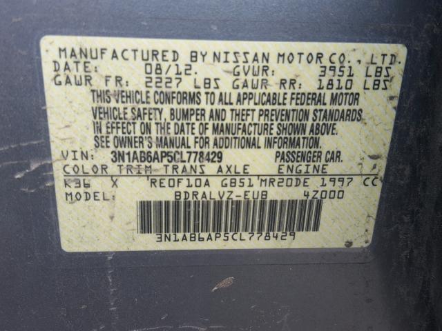 3N1AB6AP5CL778429 - 2012 NISSAN SENTRA 2.0 GRAY photo 10