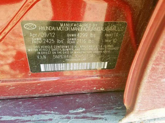 5NPEB4AC3DH507340 - 2013 HYUNDAI SONATA GLS RED photo 10