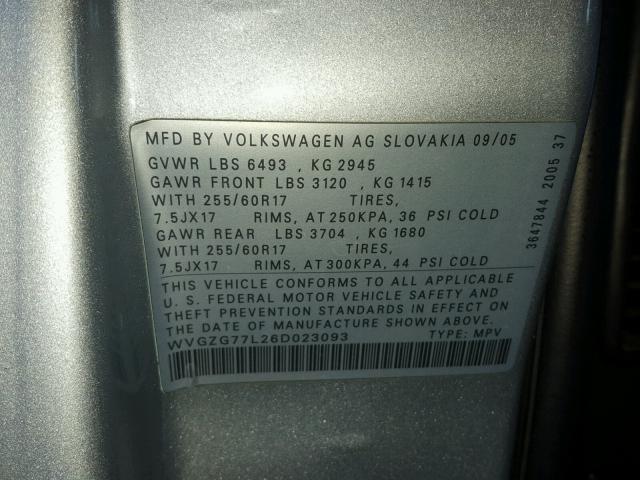 WVGZG77L26D023093 - 2006 VOLKSWAGEN TOUAREG 3. SILVER photo 10