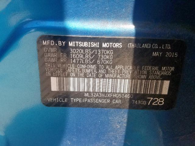 ML32A3HJXFH051460 - 2015 MITSUBISHI MIRAGE DE BLUE photo 10