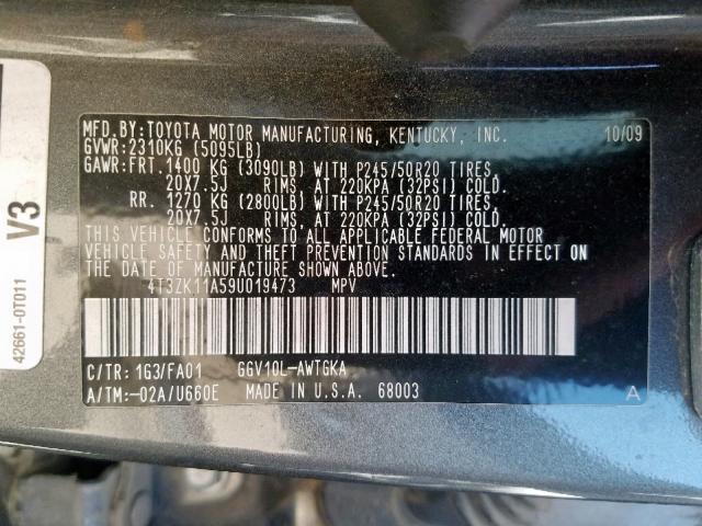 4T3ZK11A59U019473 - 2009 TOYOTA VENZA GRAY photo 10