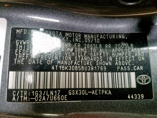 4T1BK3DB5BU381769 - 2011 TOYOTA AVALON BAS GRAY photo 10