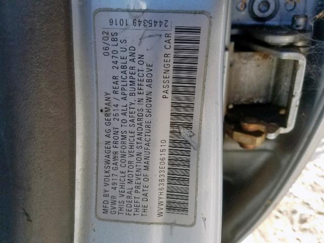 WVWYH63B33E061510 - 2003 VOLKSWAGEN PASSAT GLX 蓝色 照片 10