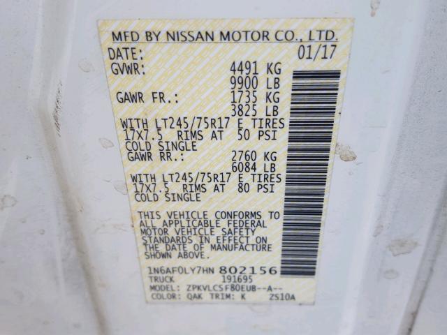 1N6AF0LY7HN802156 - 2017 NISSAN NV 2500 S WHITE photo 10