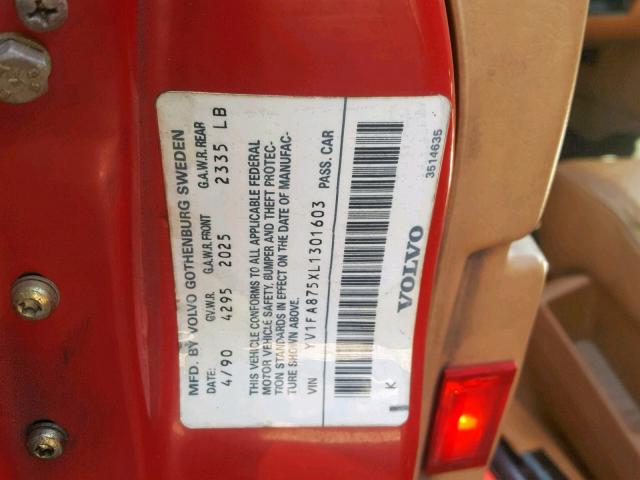 YV1FA875XL1301603 - 1990 VOLVO 740 RED photo 10