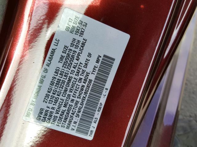 5FNRL6H9XJB038598 - 2018 HONDA ODYSSEY EL RED photo 10