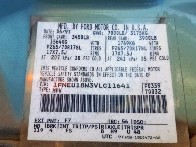 1FMEU18W3VLC11641 - 1997 FORD EXPEDITION GREEN photo 10