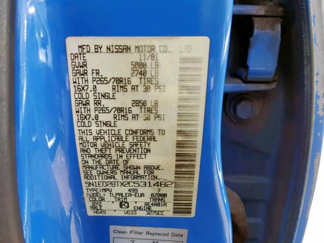 5N1ED28TX2C531482 - 2002 NISSAN XTERRA XE BLUE photo 10