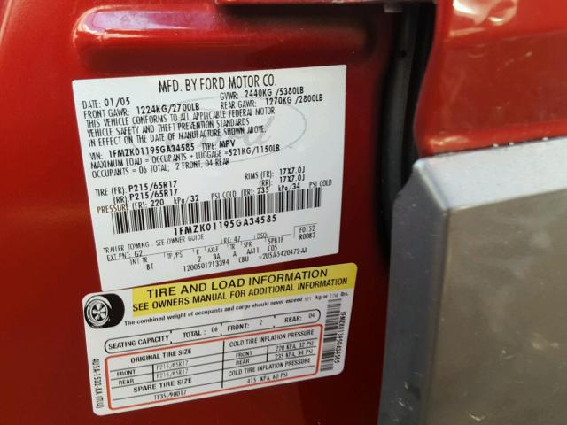 1FMZK01195GA34585 - 2005 FORD FREESTYLE RED photo 10