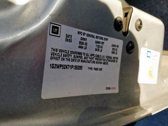 1G2WP52K71F135285 - 2001 PONTIAC GRAND PRIX SILVER photo 10