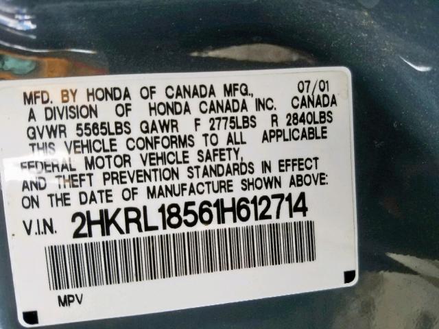 2HKRL18561H612714 - 2001 HONDA ODYSSEY LX SILVER photo 10