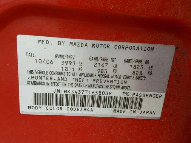 JM1BK343771658038 - 2007 MAZDA 3 HATCHBAC RED photo 10