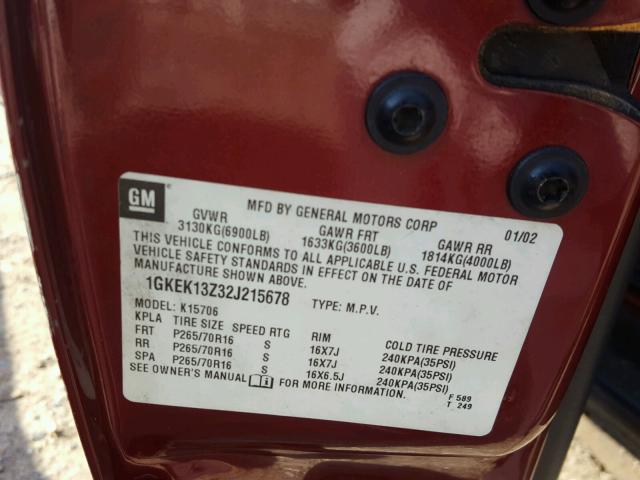 1GKEK13Z32J215678 - 2002 GMC YUKON BURGUNDY photo 10