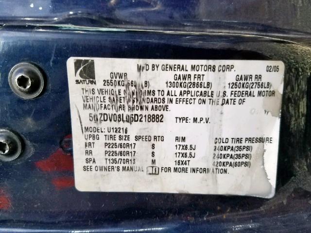 5GZDV03L95D218882 - 2005 SATURN RELAY 2 BLUE photo 10