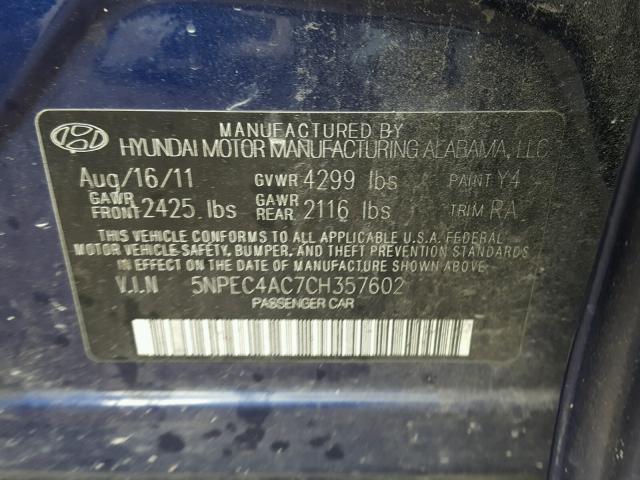 5NPEC4AC7CH357602 - 2012 HYUNDAI SONATA SE BLUE photo 10