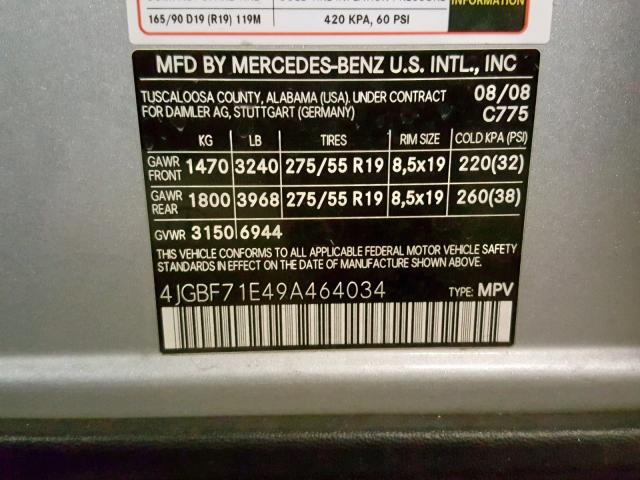 4JGBF71E49A464034 - 2009 MERCEDES-BENZ GL 450 4MA SILVER photo 10