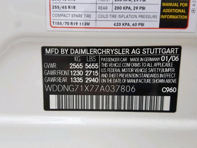 WDDNG71X77A037806 - 2007 MERCEDES-BENZ S 550 WHITE photo 10