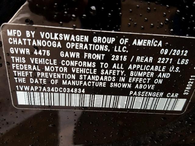 1VWAP7A34DC034834 - 2013 VOLKSWAGEN PASSAT S BLACK photo 10