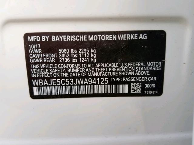 WBAJE5C53JWA94125 - 2018 BMW 540 I WHITE photo 10