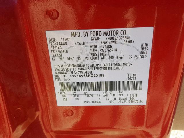 1FTPW14V68KC20199 - 2008 FORD F150 SUPER RED photo 10