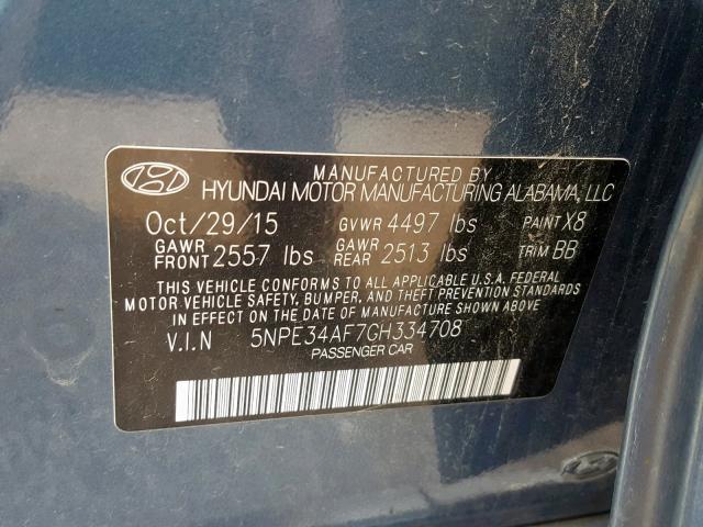 5NPE34AF7GH334708 - 2016 HYUNDAI SONATA SPO BLUE photo 10