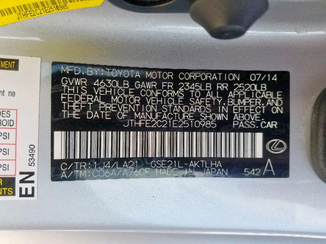 JTHFE2C21E2510985 - 2014 LEXUS IS 350 SILVER photo 10