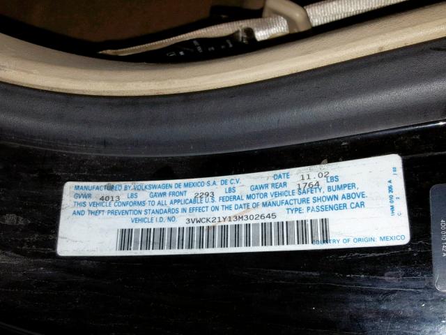 3VWCK21Y13M302645 - 2003 VOLKSWAGEN NEW BEETLE შავი ფოტო 10