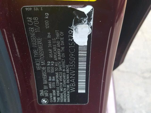 WBANV13509C153796 - 2009 BMW 528 XI BURGUNDY photo 10