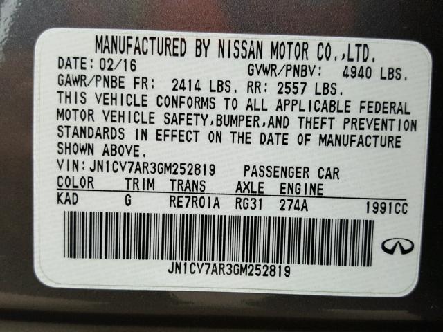 JN1CV7AR3GM252819 - 2016 INFINITI Q50 BASE GRAY photo 10