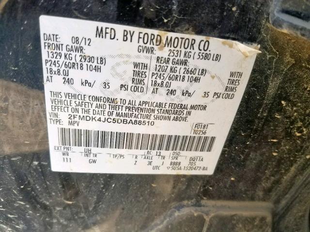 2FMDK4JC5DBA88510 - 2013 FORD EDGE SEL BLACK photo 10