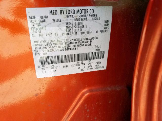 2FMDK38C97BB33551 - 2007 FORD EDGE SEL ORANGE photo 10