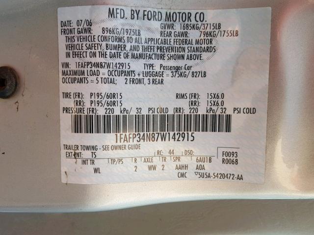 1FAFP34N87W142915 - 2007 FORD FOCUS ZX4 SILVER photo 10