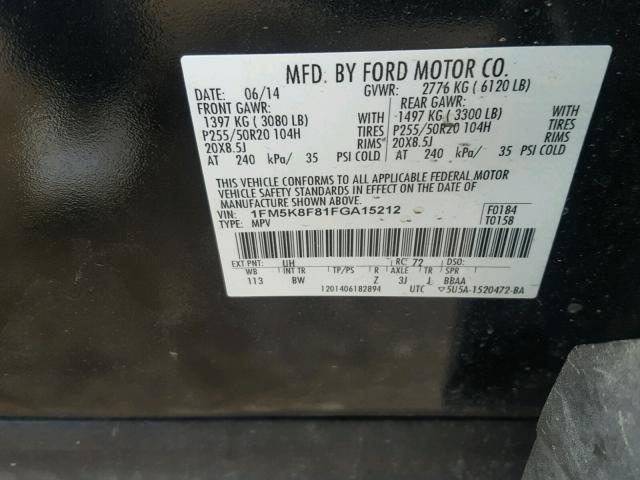 1FM5K8F81FGA15212 - 2015 FORD EXPLORER L BLACK photo 10