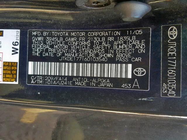 JTKDE177160103540 - 2006 TOYOTA SCION TC შავი ფოტო 10