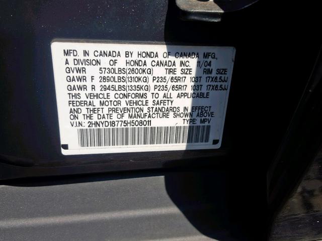 2HNYD18775H508011 - 2005 ACURA MDX TOURIN GRAY photo 10