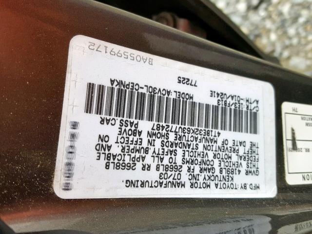 4T1BE32K63U772487 - 2003 TOYOTA CAMRY LE GRAY photo 10