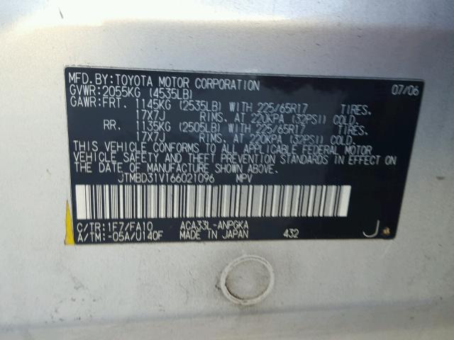 JTMBD31V166021096 - 2006 TOYOTA RAV4 LIMIT SILVER photo 10