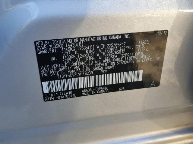 2T3YF4DV8CW146239 - 2012 TOYOTA RAV4 LIMIT SILVER photo 10