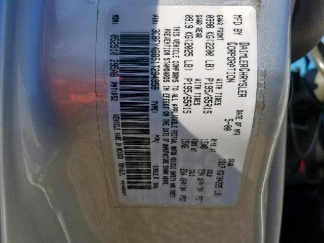 3C8FY4BB51T294958 - 2001 CHRYSLER PT CRUISER SILVER photo 10