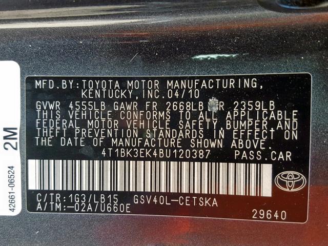 4T1BK3EK4BU120387 - 2011 TOYOTA CAMRY SE CHARCOAL photo 10