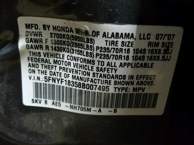 5FNYF18358B007495 - 2008 HONDA PILOT SE GRAY photo 10