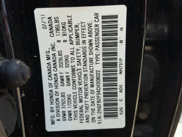 2HGFB2F94CH308022 - 2012 HONDA CIVIC EXL BLACK photo 10