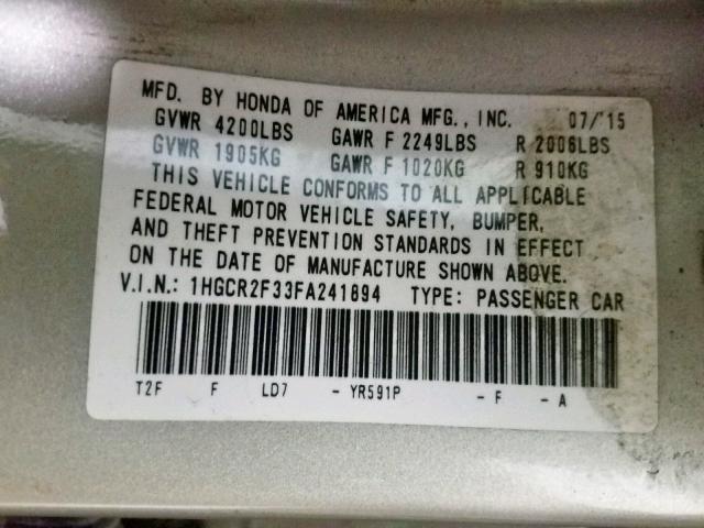 1HGCR2F33FA241894 - 2015 HONDA ACCORD LX BEIGE photo 10