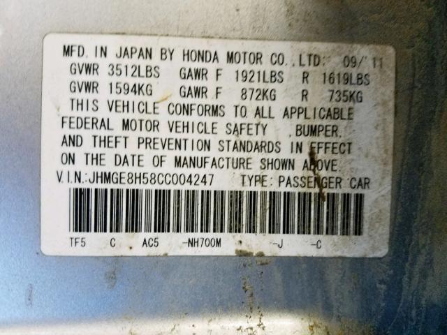 JHMGE8H58CC004247 - 2012 HONDA FIT SPORT SILVER photo 10